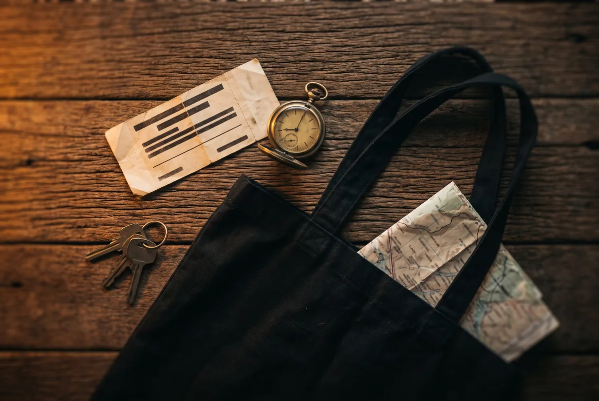 Overhead view of concert essentials on a dark wood table: a plain black tote bag, a folded paper map, a pocket watch, car keys and a blank ticket stub